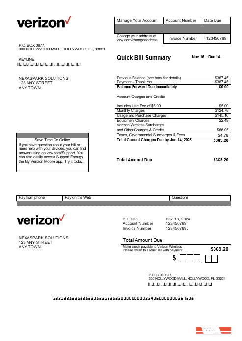 USA Verizon business utility bill template in Word and PDF formats